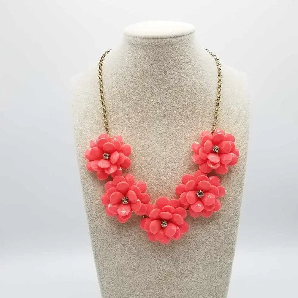 J Crew Coral / Orange Resin Floral Necklace with Crystals
